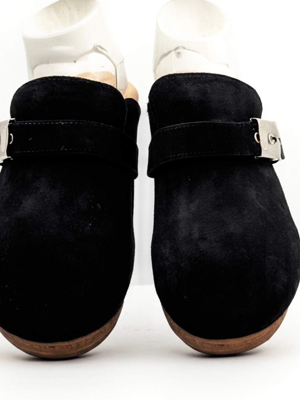 Dr. Scholl's Black Suede Slip-On Clogs with Silver Buckle